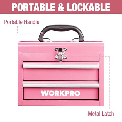 WORKPRO Portable Mini Tool Box, 2 Drawers Metal Tool Chest with Ball Bearing Slides, Top Storage with Latch, Ergonomic Carrying Handle, Toolbox with PVC Liners and PP Feet Pads - Pink Ribbon - color: Pink