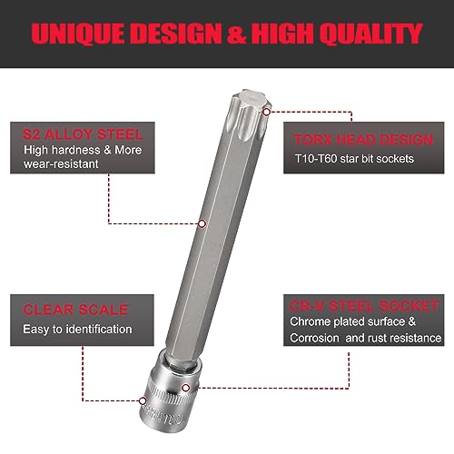 3/8" Drive Extra Long Torx Bit Socket Set,15-Piece T10-T60 Star Bit Socket Set S2 Alloy Steel Torx Bit 4.6" Length