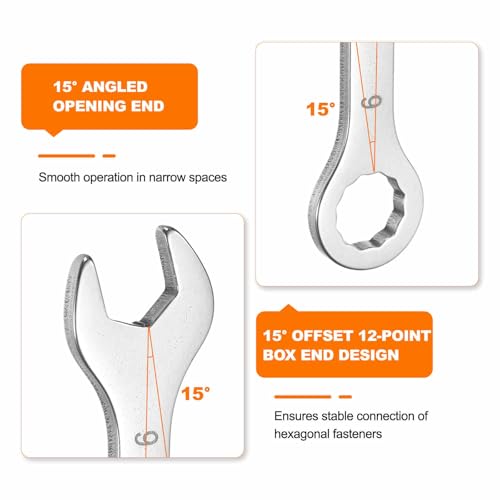 HARFINGTON 2pcs Thin Combination Wrench 7/16" Offset 6-Point Ended Box & 15° Angled Open End Mini Combination Wrench 30Cr13 Stainless Steel Quenching Polish Metric Spanner for Auto Repairs - size: 7/16"