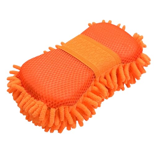 Microfiber Car Wash Sponge, Scratch-Free Vehicle Washing Mitt with Chenille & Mesh Sides, Highly Absorbent Sponge Lint-Free Cleaning Tool for Car Washing & Detailing (Orange) - color: Orange