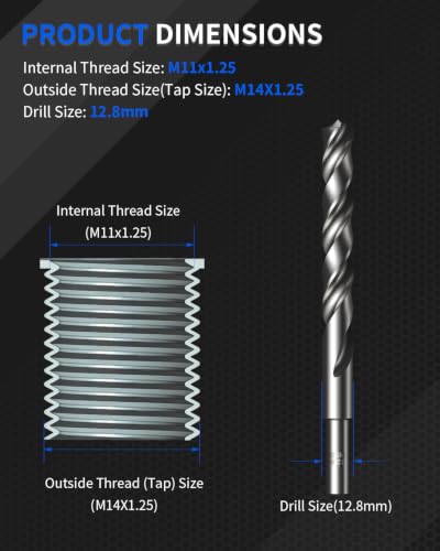 M11x1.25 Metric Thread Repair Kit, with HSS Drill, HSS Tap, Counterbore, Installation Driver, M11x1.25MM 10 pcs 304 Stainless Steel Inserts (28.2mm Length) - size: M11 X 1.25