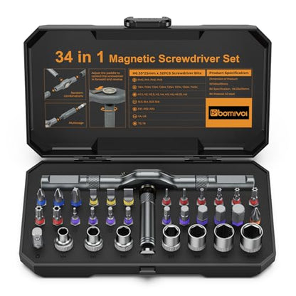 Bomivoi 34 in 1 Magnetic Screwdriver Set, Ratcheting Screwdriver Set with 1/4″ Socket Adapter, 24 Bits & 7 Hex Sockets, Modular Handle, DIY Tool Kit for Furniture, Appliance, Bicycle, Auto Repairs