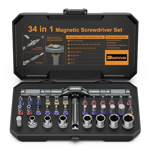 Bomivoi 34 in 1 Magnetic Screwdriver Set, Ratcheting Screwdriver Set with 1/4″ Socket Adapter, 24 Bits & 7 Hex Sockets, Modular Handle, DIY Tool Kit for Furniture, Appliance, Bicycle, Auto Repairs