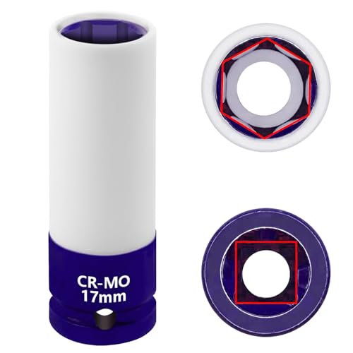17mm 1/2"Drive Wheel Protector Impact Socket, Lug Nut Impact Socket | 6 Point, Non-Marring, Thin Wall, Deep Socket, Wheel Protector, Protective Socket, Color-Coded, Cr-Mo Steel, Hand Repair Tool - size: 17MM