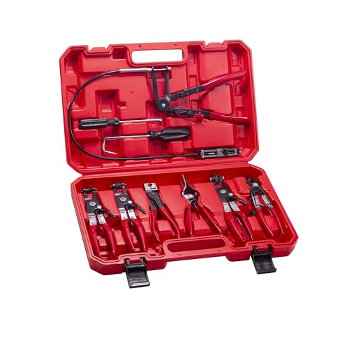 9-Piece Hose Clamp Pliers Set for Fuel Line Disconnect Tool & Water Hoses, Automotive Long Reach Hose Clamp Remover Kit with Flexible Wire Clic-R Type Swivel Jaw Flat Band Pliers - color: Red