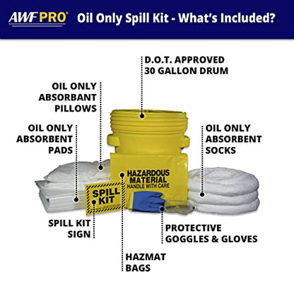 AWF PRO 20 Gallon Oil Only Spill Kit, 59 Pieces | Includes DOT Approved 20 Gallon Drum, Sorbent Socks, Pads, & Pillows, & Accessories - size: Oil Only Spill Kit