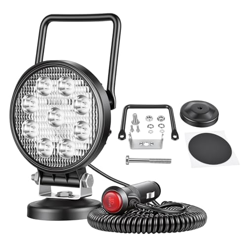 Magnetic Led Work Light 12V, SKYWORLD 1PCS 4 Inch 27W Round Spot Off Road Driving Fog Lamp, Portable Magnetic Base Holder for Car SUV Trailer Tractor Truck Engineering Maintenance Garage Camping - size: 4 Inch 27W Spot