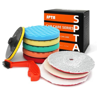 SPTA 10pcs Polishing Pads Kit, 7 Inches Large Size Buffing Pads, Car Foam Buffing Sponge Pads Kit with 5/8"-11 Backing Plate for Car Waxing Polishing