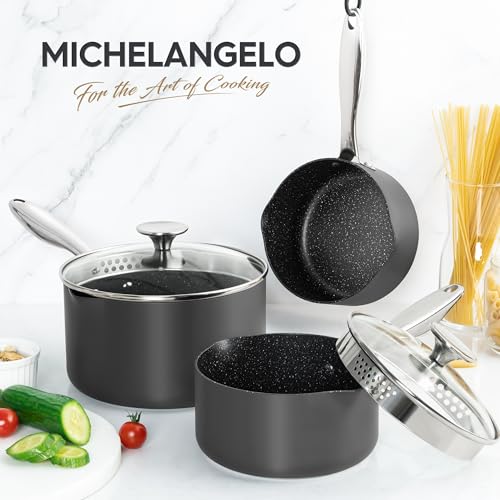 MICHELANGELO Hard Anodized Saucepan Set with Lids, Nonstick Saucepan with Pour Spouts & Strainer Lid for Easy Pour, Granite Derived Coating Sauce Pot Set - 1.5QT & 2QT &3QT Induction Sauce Pans - size: 1.5+2+3 Quarts
