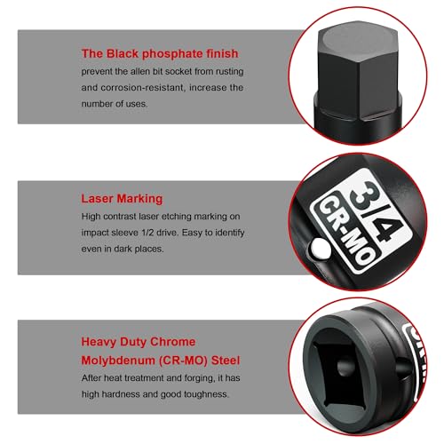 1/2" Drive H3/4-Inch Impact Hex Bit Socket, SAE Allen Bit Socket, Cr-Mo Steel, Removing Loosening Hexagon Bolts - size: 1/2" H3/4 Deep