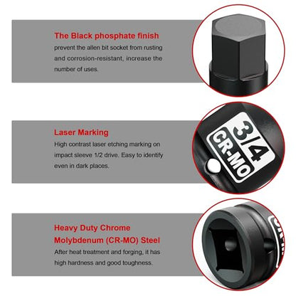 1/2" Drive H3/4-Inch Impact Hex Bit Socket, SAE Allen Bit Socket, Cr-Mo Steel, Removing Loosening Hexagon Bolts - size: 1/2" H3/4 Deep