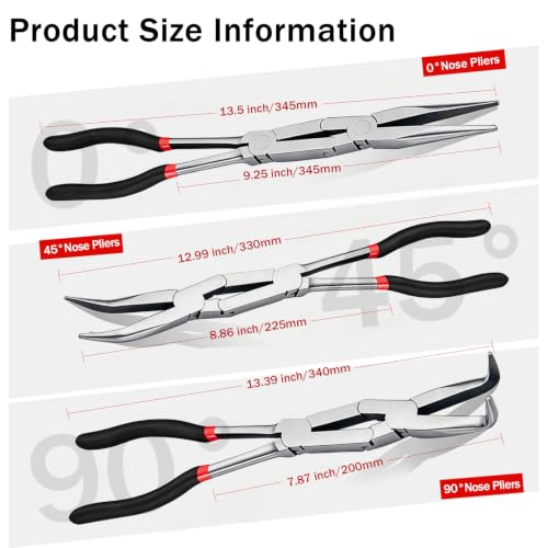13 Inch 3-PC Needle Nose Pliers Set: Multi-Angle Access with Straight, 45°, and 90° Tips for Precision Work in Confined Areas