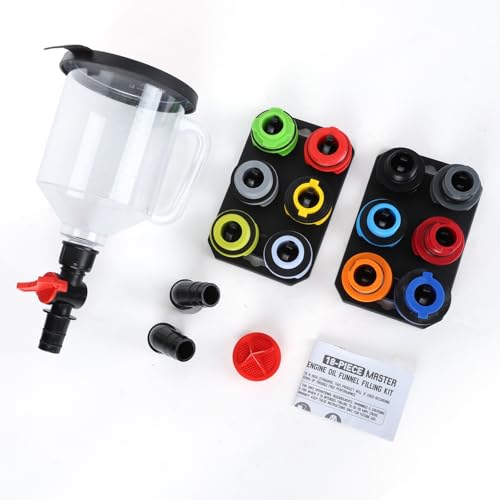18Pcs Oil Funnel Kit, 1.59QT/1.5L Automotive Oil Funnel Set with 12 Adapters, Elbow Fitting, Arrow Screen and Magnetic Storage Hooks Tray, Compatible with BMW, Audi, GM, Ford Land Rover Etc