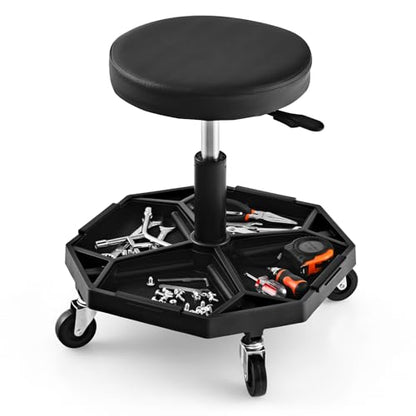 S AFSTAR Garage Shop Roller Seats, Adjustable Pneumatic Rolling Creeper Stool W/Tool Storage Tray & 4 Universal Wheels, Padded Mechanic Stool Repair Shop Stool Garage Rolling Stool (Black - color: Black