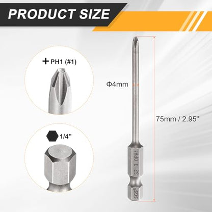 HARFINGTON 4pcs #1 Phillips Screwdriver Bit PH1 1/4" Hex Shank 3" (75mm) Long 0.12" Rod Magnetic Cross Head Drill Bits S2 Steel Industrial Screw Driver for Electric Power Tools, Gray - size: PH1 x 3" x 0.12"