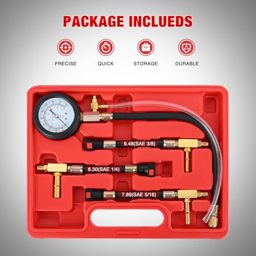 GOOACC Fuel Pressure Test Kit, Automotive Fuel Injection Pressure Gauge Tester 0-100PSI with 1/4 5/16 3/8 Quick Connect Adapters for Gasoline EFI Engines
