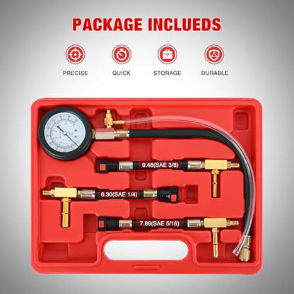 GOOACC Fuel Pressure Test Kit, Automotive Fuel Injection Pressure Gauge Tester 0-100PSI with 1/4 5/16 3/8 Quick Connect Adapters for Gasoline EFI Engines