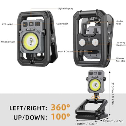 Rechargeable Work Light Magnetic LED Portable Flood Light for Power Cuts, with 360° Rotating Clip, 5 Modes, 6000LM Under Hood Work Light Bar for Camping, Car Repair, Emergency clamp Lamp