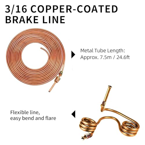 Brake Line Flaring Tool Kit, Double and Single Flaring Tool Kit 1/4 Copper Coated Brake Line with 5 Adapters for Water Refrigeration HVAC Applications