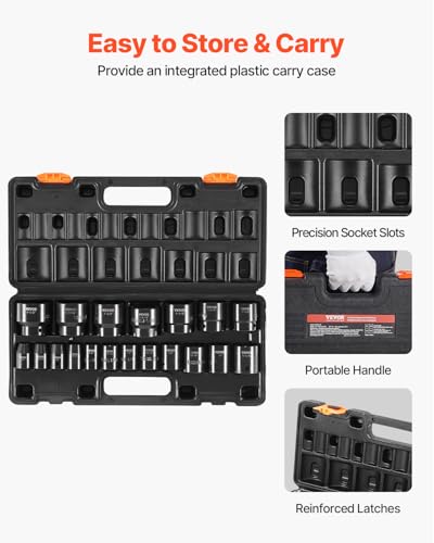 VEVOR Impact Drive Socket Set 1/2 Inches 19 Piece Impact Sockets SAE, Standard Socket Assortment, (3/8 Inches to 1-1/2 Inches) 6-point Hex Sockets - style: 1/2" 19PCS
