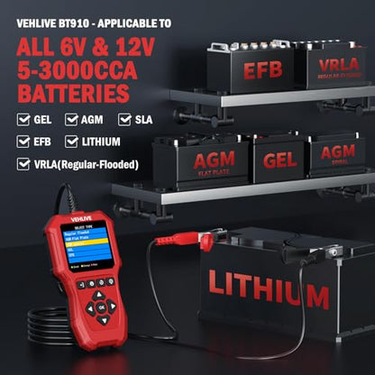Car Battery Tester 6V 12V with Lithium Battery Testing, VEHLIVE BT910 5-3000CCA Battery Load Tester, Automotive Alternator Tester Charging Cranking System Tester for Car Truck Motorcycle SUV ATV Boat - color: China Red