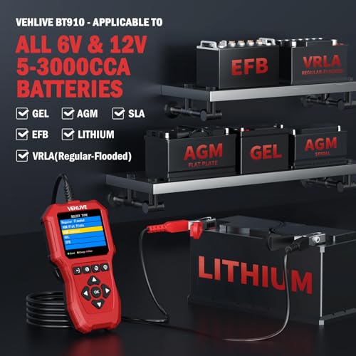 Car Battery Tester 6V 12V with Lithium Battery Testing, VEHLIVE BT910 5-3000CCA Battery Load Tester, Automotive Alternator Tester Charging Cranking System Tester for Car Truck Motorcycle SUV ATV Boat - color: China Red