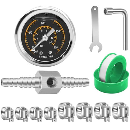 200psi Fuel Pressure Gauge Kit,3/8 "to 5/16" Dual Size Barb Fittings