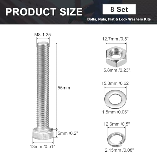uxcell M8 x 55mm Hex Head Screws Bolts, Nuts, Flat & Lock Washers Kits, 304 Stainless Steel Fully Thread Hexagon Bolts 8 Sets - size: M8 x 55mm