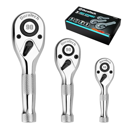 DURATECH 3PCS Stubby Ratchet Wrench Set, 90-Tooth 1/4" 3/8" 1/2" Drive Socket Wrench, Mini Small Ratchet with CR-MO Head, Quick-Release & Reversible Design, Full Polished, EVA Organizer - style: 1/4" & 3/8" & 1/2" Ratchet Set (3-Piece)