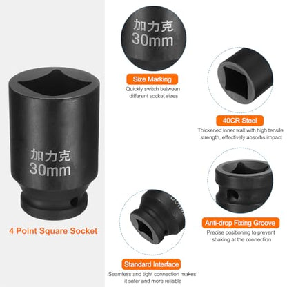 HARFINGTON 4 Point Square Socket 3/4" Drive by 30mm Metric Square Impact Socket 40CR Blackening Standard Wheel Sockets Pneumatic Socket Tool for Auto Repair Mechanical Maintenance Home Use - size: 30mm