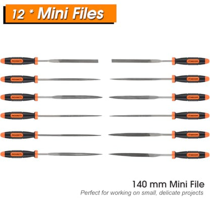 REXBETI 25Pcs Metal File Set, Premium Grade T12 Drop Forged Alloy Steel, Flat/Triangle/Half-round/Round Large File and 12pcs Needle Files with Carry Case, 6pcs Sandpaper, Brush, A Pair Working Gloves - style: 25PCS