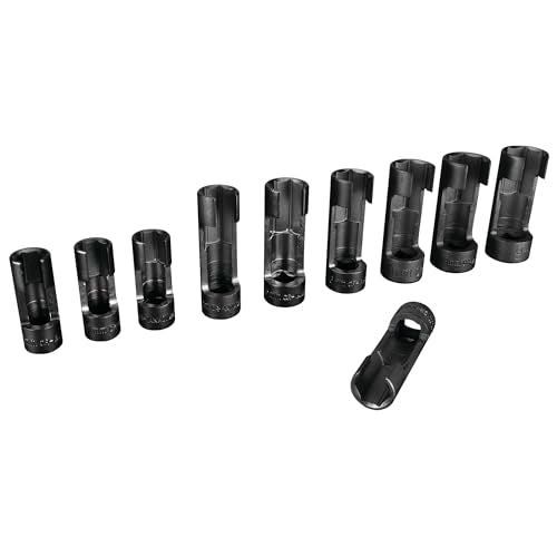 Performance Tool W84027 10 pc. 3/8-in. Dr. Flare Nut Socket Set for Tight Spaces: 10-19mm Sizes, Useful for Sensors, ABS, Master Cylinders, Chrome Vanadium Steel, Black Phosphorus Finish