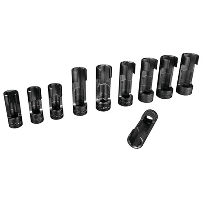 Performance Tool W84027 10 pc. 3/8-in. Dr. Flare Nut Socket Set for Tight Spaces: 10-19mm Sizes, Useful for Sensors, ABS, Master Cylinders, Chrome Vanadium Steel, Black Phosphorus Finish