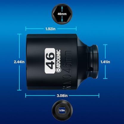 1/2 Inch Drive x 46mm Deep 6PT CR-MO Impact Socket for Removing Axle nut | Metric Socket,6-Point Radius Corner Design,Two Size Markings,Square Chamfered Opening,For Removal of Axle Nut - size: 46 mm, style: 1/2" Drive Deep Socket