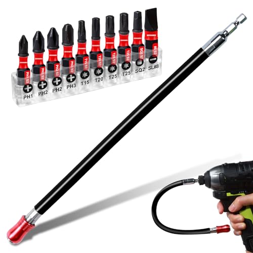 Geinxurn Flexible drill bit Extension Screwdriver Bit Holders, 1PACK 12Inches Flex Shaft Extension Socket Drill Bit Holder Hex Shank Quick-Change Drill Bit Guide with 10PC Screwdriver Bits - style: GBH0300FS-011