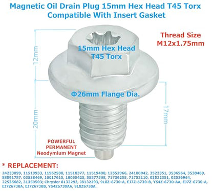 2PCS Magnetic Oil Drain Plug M12-1.75, 15mm Hex Head T45 Torx Compatible with Insert Gasket, More 5PCS Gasket, fit for GMC, Buick, Cadillac, Chevrolet, Replace GM 55577568, 090-948, 090-948CD