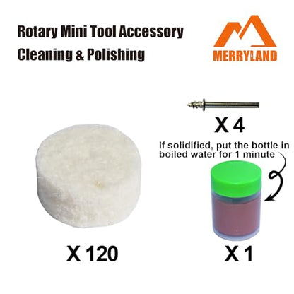 Merryland Flet Polishing Wheel for Dremel 125pcs, Polishing Pad Buffing Wheel 1/2inch 120pcs Polishing Compound Paste 1pcs and Mandrel 4pcs, Rotary Tool Accessory Set Electric Power Tool, RMTA125C2 - style: 13 mm Felt Wheels 125pcs