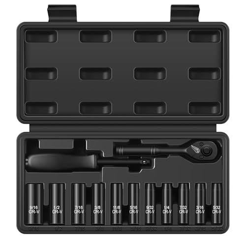 Aloanes 1/4" Drive Socket Set, 13-Piece SAE (3/16"- 11/32") Deep Sockets, 72-Tooth Ratchet Wrench, Drive Spinner Handle, 6 Point Design, Cr-V Steel - size: 1/4" 13 PCS SAE