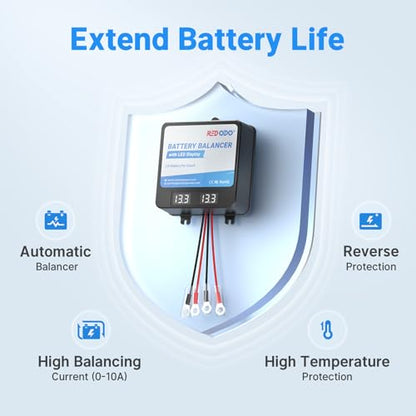 Redodo Battery Balancer 24V(2 * 12V) Battery Equalizer with LED Display, Supports for LiFePO4/Lead Acid/Gel Battery,Perfect for Home, RV, Solar, Trolling Motor、Off-Grid