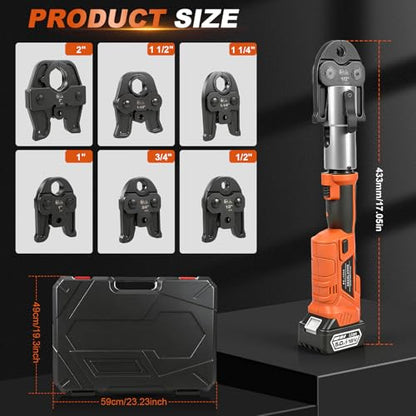 18V Brushless Copper Pipe Press Tool Kit for 1/2", 3/4", 1", 1-1/4", 1-1/2", 2", Electric Crimping Tool with 6 Jaws, 2-Pack 5.0Ah Batteries, OLED Display & Bluetooth