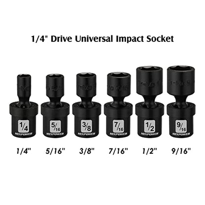 MIXPOWER 6PCS 1/4" Drive SAE Shallow Universal Impact Socket Set, 1/4" - 9/16", Swivel Socket with Flexible Wobble, CR-MO - size: 6 Pcs SAE 1/4" Dr. (Shallow)