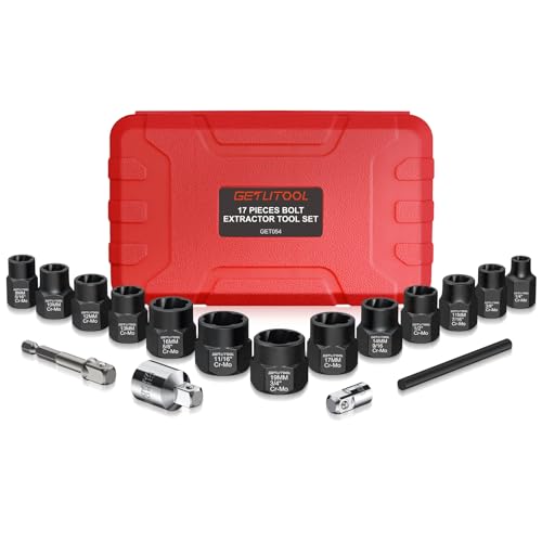 GETLITOOL 17Pcs Impact Bolt Extractor Tool Set, 42CR-MO Impact Bolt & Nut Remover Set with Storage Case, Nut Extractor Socket with Adapter for Car Repair, Machine Maintenance, Tools for Men's Gift