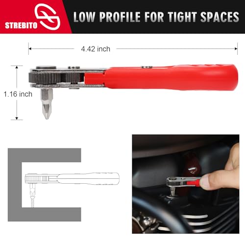 STREBITO Right Angle Screwdriver 14 Piece Mini Ratchet Set, Offset Screwdriver Low Profile Ratchet Screwdriver Set with 1/4 Ratchet, Hex, Phillips, and Torx, EDC Bit Driver for Tight Spaces, Bike - color: 14 in 1 With Zipper Pouch