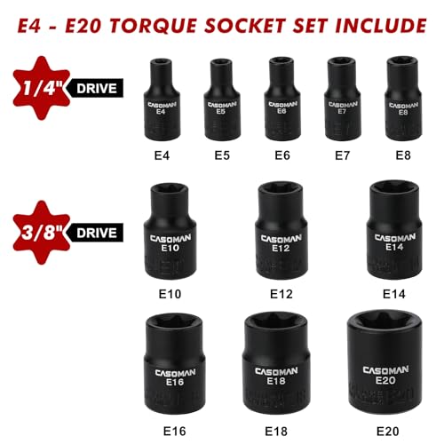 CASOMAN 11PCS Female Torx Socket Set, E Torx & Star Socket Set with Rail, E4 - E20 Torque Sockets - size: 11PCS