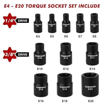 CASOMAN 11PCS Female Torx Socket Set, E Torx & Star Socket Set with Rail, E4 - E20 Torque Sockets - size: 11PCS