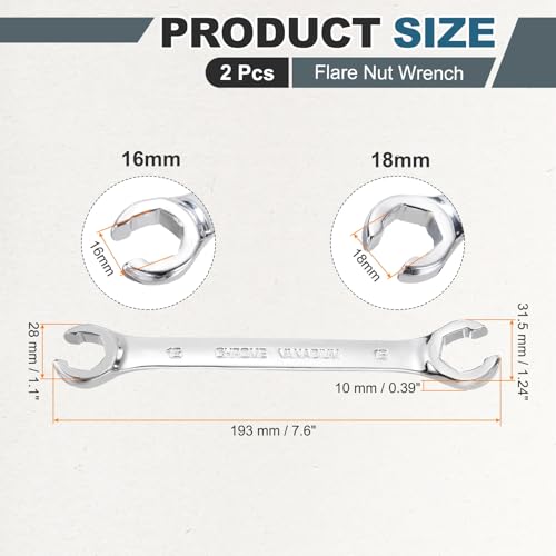 HARFINGTON 2 Pcs Flare Nut Wrench 16mm x 18mm Metric Double Open End Thick Spanner Mirror Polish Finish 45# Steel Brake Line Wrench For Fuel Tube Hose Transmission Line, Silver - size: 16mm x 18mm