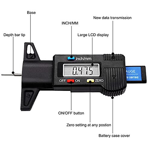Tire Tread Depth Gauge, Digital Tire Tread Depth Gauge LCD with Inch and MM Conversion of 0-0.98 Inches, Tread Checker Tire Tester for Cars Motorcycle Trucks Vans SUV, Black