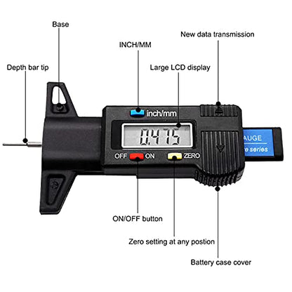 Tire Tread Depth Gauge, Digital Tire Tread Depth Gauge LCD with Inch and MM Conversion of 0-0.98 Inches, Tread Checker Tire Tester for Cars Motorcycle Trucks Vans SUV, Black