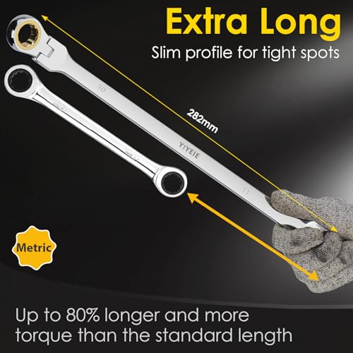 YIYEIE 10 * 11 mm Extra Long Flex-Head Ratcheting Wrench, Metric, 72-Tooth Double Box End Long Handle Ratchet Wrench, CR-V Steel with Mirror Finish Labor-Saving Spanner - size: Extra Long 10mm x 11mm