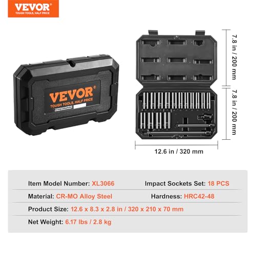 VEVOR Drive Impact Socket Set 3/8" - 18 Piece Deep Socket Set Metric 8-22mm - 6 Point CR-V Alloy Steel for Auto Repair - Easy-to-Read Size Markings - Rugged Construction Includes Storage Case - style: 3/8" 18PCS